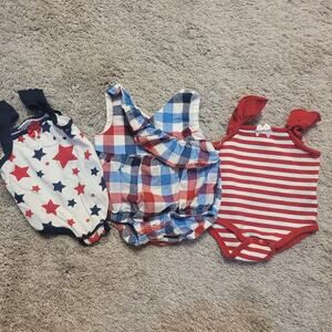 3 Piece Baby Girl 3–6M Outfit Lot Patriotic Stars Plaid Romper Bodysuit Set